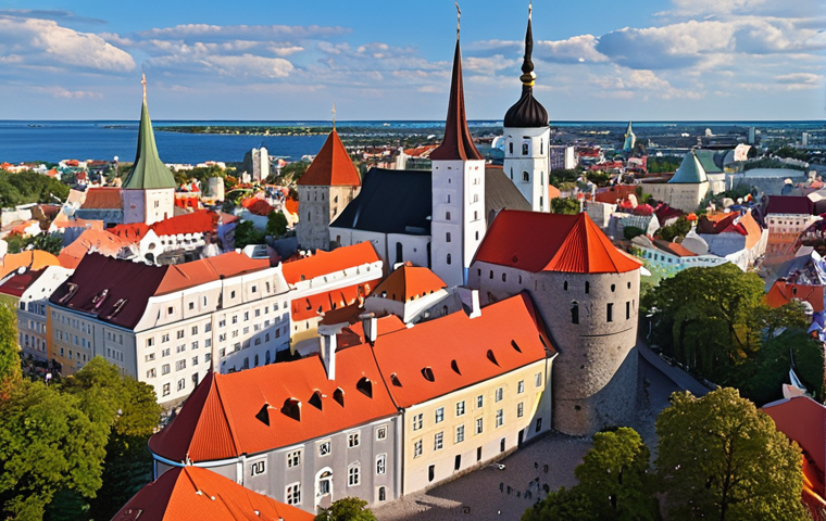 ** A scenic view of Tallinn's Old Town, showcasing its medieval architecture, colorful buildings, and Toompea Castle. Include the Alexander Nevsky Cathedral in the background.
2. **