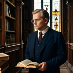 A dignified Lithuanian historian in a modest, professional business suit stands contemplatively in a grand, oak-paneled library. Ancient, leather-bound books line the shelves, and soft, warm light filters through a large window, subtly hinting at a historical Catholic church's stained glass in the background. The scene conveys a sense of deep historical roots and cultural heritage. Safe for work, appropriate content, fully clothed, perfect anatomy, correct proportions, natural pose, well-formed hands, proper finger count, natural body proportions, professional photography, high quality, modest clothing.