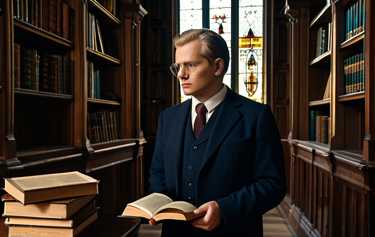 A dignified Lithuanian historian in a modest, professional business suit stands contemplatively in a grand, oak-paneled library. Ancient, leather-bound books line the shelves, and soft, warm light filters through a large window, subtly hinting at a historical Catholic church's stained glass in the background. The scene conveys a sense of deep historical roots and cultural heritage. Safe for work, appropriate content, fully clothed, perfect anatomy, correct proportions, natural pose, well-formed hands, proper finger count, natural body proportions, professional photography, high quality, modest clothing.