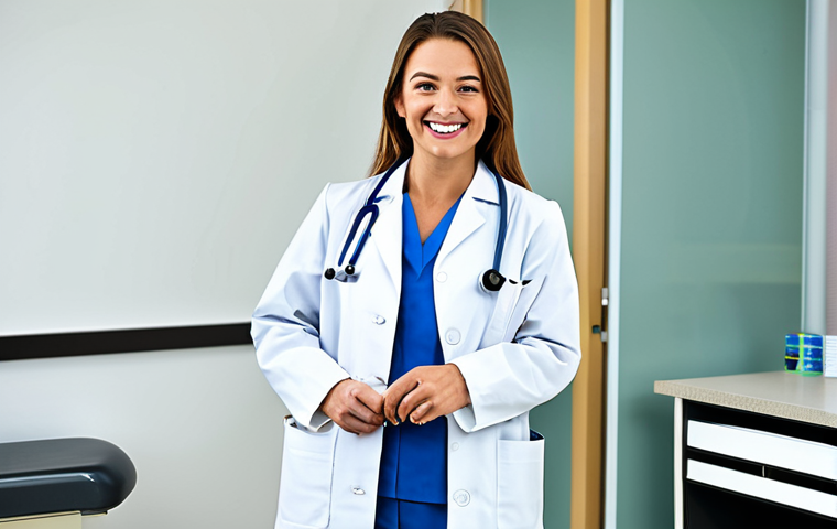 **
"A professional female doctor in a modest lab coat, smiling gently, standing in a bright and clean hospital examination room, fully clothed, appropriate attire, safe for work, perfect anatomy, correct proportions, natural pose, professional photography, high quality, family-friendly."
**