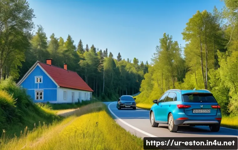 에스토니아에서 렌터카 이용하기 - A scenic rural road in Estonia during early morning light, showing a modern compact rental car with ...