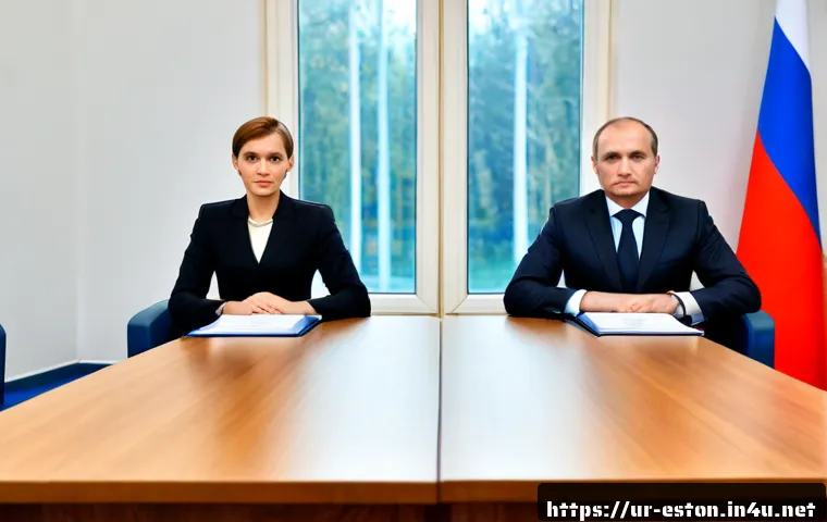 Home 17 에스토니아와 러시아의 관계 - Photorealistic diplomatic scene symbolizing Estonia and Russia relations, two unnamed diplomats in f...